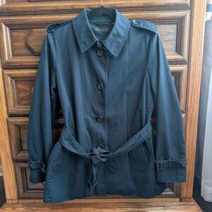 UNIQLO Short Trench Jacket Womens L Navy Blue Button Front Belted Quilted Lining